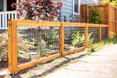 The Deschutes decorative hog wire fence looks equally great in the front yard or the garden. Crafted from Western Red Cedar and steel hogwire panels, this Hog Panel Fencing, Hog Wire Fence, Cedar Wood Fence, Panel Fence, Easy Fence, Cedar Posts, Front Fence, Fence Styles, Front Yard Fence