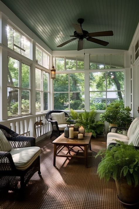 Screened in Back Porch Closed In Porch, Screened In Back Porch, Eclectic Decor Modern, Screened Porch Decorating, Three Season Porch, 4 Season Room, Cottage Porch, Three Season Room, Porch Addition