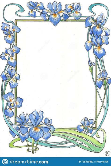 Art Nouveau Floral Border, Art Deco Frames And Borders, Flower Frame Drawing, Vintage Frame Illustration, Flower Frame Illustration, Flowers In Art, Irises Flowers, Art Nouveau Frame, Art Nouveau Mucha