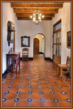 Spanish Floor Tile, Mexican Tile Floor, Hacienda Homes, Mexican Hacienda, Hacienda Style Homes, Saltillo Tile, Spanish Decor, Mexico House, Mexican Home Decor