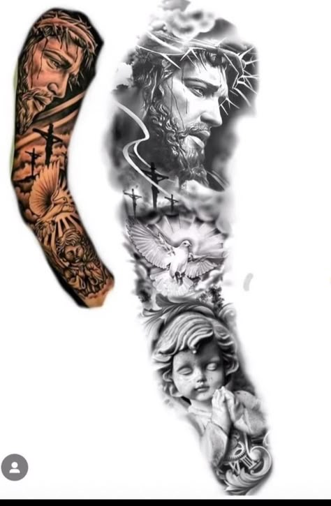 Full Sleeve Tattoos Sketch, Full Arm Sleeve Tattoos For Guys, Full Arm Tattoo Men Design Inspiration, Best Arm Sleeve Tattoos For Men, God Sleeve Tattoos For Men, Roman Sleeve Tattoo, Men Full Sleeve Tattoo, Negative Shading Tattoo, Jesus Sleeve Tattoo