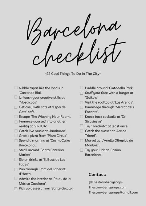 PDF Travel Guide/ Travel Checklist for Barcelona. Barcelona On A Budget, Barcelona Checklist, Barcelona Aesthetic, Solo Trips, Summer Packing Lists, Barcelona Travel Guide, Things To Do In Barcelona, To Do In Barcelona, Barcelona Spain Travel