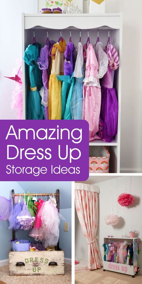 These amazing dress up storage ideas are ingenious ways to organize your kids’ dress up outfits and accessories. Organizing your dress up can be just as fun as dressing up! Ikea Dress Up Hack, Dress Storage Ideas, Dress Up Storage Ideas, Dress Up Corner, Dress Up Area, Dress Up Wardrobe, Dress Up Stations, Toy Rotation, Toddler Dress Up