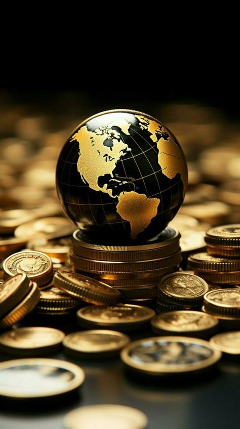 A precious black and gold globe framed by a heap of gold coins Vertical Mobile Wallpaper AI Generated Gold Coins Aesthetic, Gold Coin Wallpaper, Globe Vector, Gold Globe, Tree Saw, Heart Tree, Cityscape Photos, Logo Banners, Money Affirmations