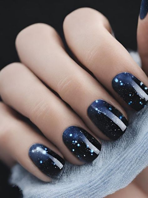 Short Constellation Nails, Night Sky Manicure, Constellation Nail Designs, Short Galaxy Nails, Night Nails Design, Night Sky Nail Designs, Midnights Nails Design Taylor Swift, Night Sky Nail Art, Nails Night Sky