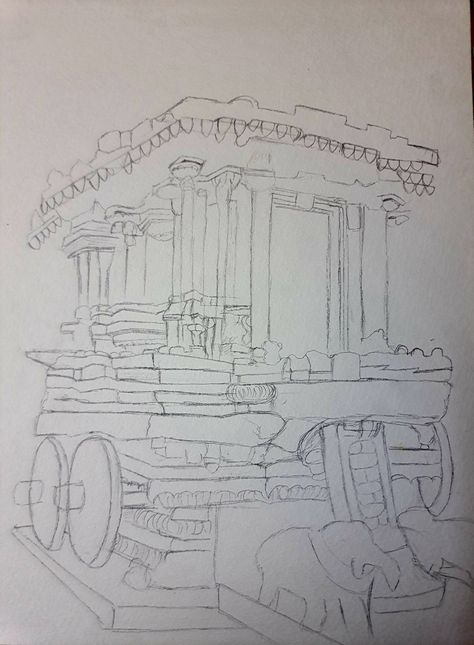 Karnataka Heritage Drawing, Hampi Pencil Sketches, Vittala Temple Hampi Sketches, Indian Historical Monuments Drawing, Karnataka Culture Drawing, Hampi Paintings, Hampi Drawing, Indian Monuments Drawings, Indian Monuments Sketches