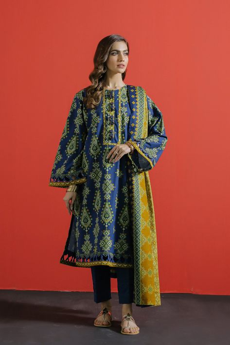 Ethnic Winter Collection 21 - E0009/202/703 Ethnic Winter Collection 21 -  100% Original Guaranteed Unstitched Dress Material  Details: -Printed Khaddar Shirt 2.94 Mtr -Printed Khaddar Shawl 2.54 Mtr -2 Piece -Dark Green Color   Shipping Time : (Approximate Arrival Date of First Batch of Products from Designer)  All orders will be dispatched after stock Arrival date in India  15 NOV... Khaddar Dresses Design, Khaddar Shirt Design, Pakistani Kurti Designs, Pakistani Wear, Best Designer Suits, Stylish Kurta, Ethnic Clothes, Designer Summer Dresses, Long Frock Designs