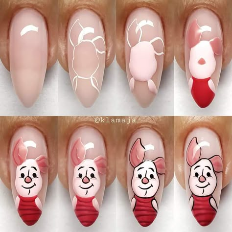 Character Nail Art Step By Step, Easter Nails Designs, Brown Nail Designs, Animal Nail Designs, Cartoon Nail Designs, Disney Acrylic Nails, Summer Nails Art, Mickey Nails, Brown Nail