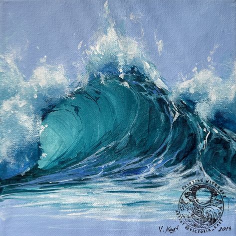 Original Emerald Wave Acrylic Painting With Stamp, Seascape Nature Art, Realistic Nature Painting, Small Green Blue Ocean Painting 8x8' - Etsy Canada Wave Acrylic Painting, Blue Ocean Painting, Wave Drawing, Ocean Waves Painting, Nature Artists, Acrylic Artists, Blue Sky Background, Wave Painting, Nature Painting