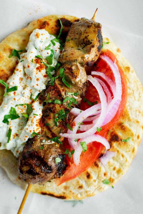 Pork Souvlaki Pita Wraps (with Tzatziki) - Real Greek Recipes Souvlaki Pita, Pita Wraps, Pork Souvlaki, Pork Gyros, Roasted Turkey Legs, Tzatziki Recipe, Eating Pineapple, Chargrilled Chicken, Fried Potato Chips