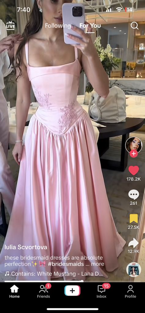 Pink Satin Ball Gown, Pink Corset Gown, Summer Ball Gown, Bridgeton Inspired Dresses, Pink Bridesmaid Dresses Aesthetic, Long Pink Dress Aesthetic, Ethereal Bridesmaid Dress, Pink Flower Prom Dress, Barbie Fashion Fairytale Aesthetic