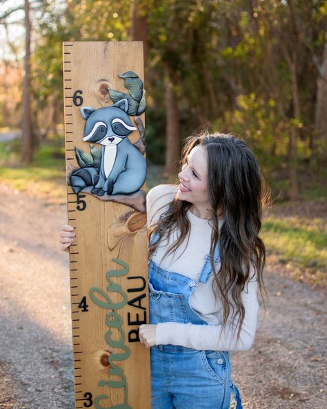 Forest Friend Forever a Favorite 🖤 ---------------- Instagram said screw you yesterday, so we're trying this again 😜 ✨️Looking to add a one of a kind growth chart or child nursery sign to your home?! Let me know! I'd love to create one JUST FOR YOU!! ✨️ Raccoon growth chart for woodland nursery #nursery #nurserydecor #growthchart #handmadelife #woodworker #woodlandgrowthchart #woodlandnursery Nursery Growth Chart, Forest Themed Nursery, Floral Dinosaur, Raccoon Nursery, 3d Numbers, Aurora Rose, 3d Name, Mint To Be, Names Baby