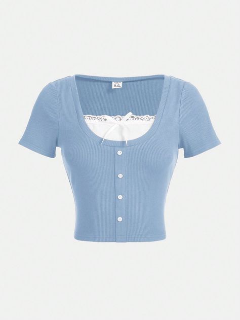 Teen Girls' Sweet And Lovely Short Sleeve T-Shirt With Bowknot And Color Block Design, Summer Dusty Blue Casual  Short Sleeve Knitted Fabric Plain  Medium Stretch  Teen Girls Clothing, size features are:Bust: ,Length: ,Sleeve Length: Baby Blue Shirt, Fancy Shirt, Retro Tops, Paris Outfits, Shirts For Teens, Girls Sweet, Teen Girls