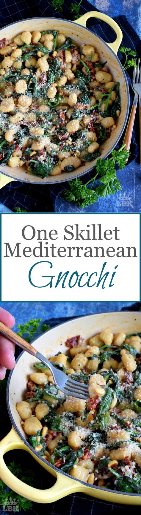 One Skillet Mediterranean Gnocchi - A delicious, quick and easy gnocchi dinner for two with Mediterranean-inspired ingredients – all in one skillet; a perfect weeknight dinner! #gnocchi #pasta #onepot #dinner #weeknight Mediterranean Gnocchi, Gnocchi Vegetarian, Dinner Meatless, Gnocchi Dishes, Mediterranean Diet Recipes Dinners, Mediterranean Flavors, Mediterranean Meals, Fantastic Recipes, Skillet Recipes