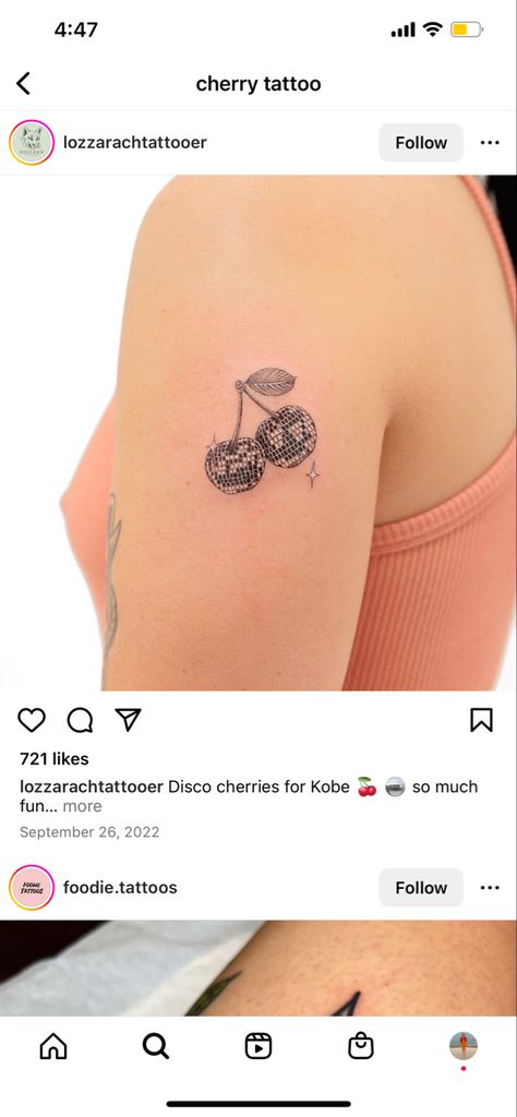 Cherry 8ball Tattoo, Disco Ball Tattoo Small Simple, Dainty Disco Ball Tattoo, Disco Cherry Tattoo, Cherry Disco Ball Tattoo, Disco Ball Cherry Tattoo, Retro Cherry Tattoo, Disco Cherry, Cherry Tattoos