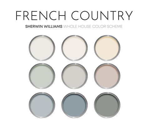 French Country Sherwin Williams Paint Palette, Paint Colors for Home, Cottage Neutrals, Whole House Color Scheme, Sea Salt - Etsy New Zealand Light Farmhouse Paint Colors, French Country Color Schemes, Country Color Scheme, French Country Paint Colors, Country Paint Colors, French Country Color Palette, Neutral Interior Paint Colors, Farmhouse Paint Colors Interior, Cottage Paint Colors