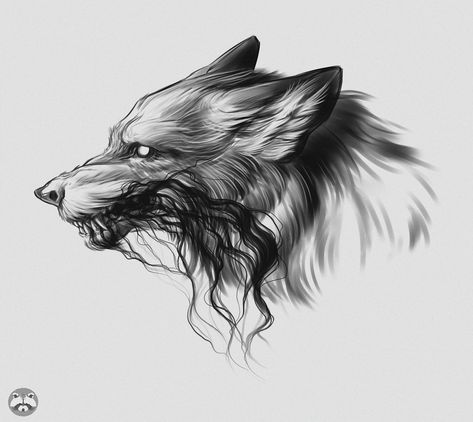 #raccoon #tatrussia #graphictattoo #blackwork #kaluga #tattoolove #wolf #smoke #juliannadens, Julia Fedorkova on ArtStation at https://www.artstation.com/artwork/0Jb5V Smokey Wolf Tattoo, Growling Wolf Tattoo, Dark Wolf Tattoo, Cool Wolf Drawings, Werewolf Tattoo, Werewolf Illustration, Snarling Wolf, Small Cross Tattoos, Shadow Wolf