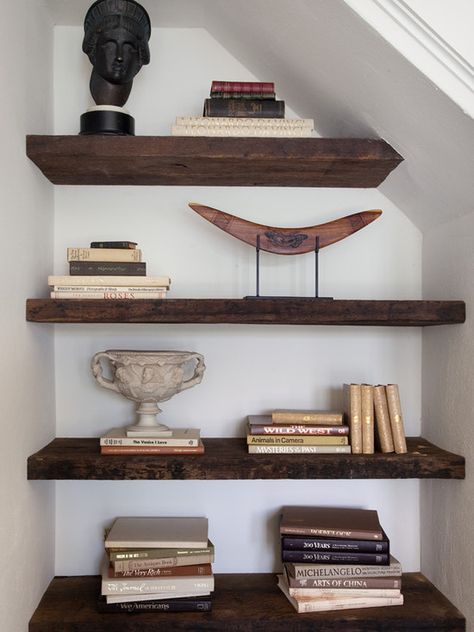 I like that the back is same color as wall and shelves are wood. Same wood as stairs would be ideal. Shelves Under Stairs, Dark Wood Shelves, Wood Shelves Kitchen, Contemporary Staircase, Reclaimed Wood Shelves, Wood Wall Shelf, Living Room Shelves, Understairs Storage, Wood Floating Shelves