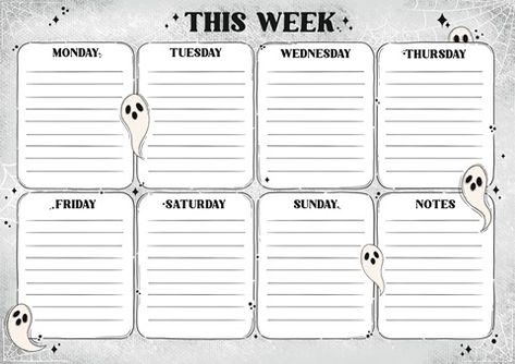 Free Cute halloween themed printable weekly planner from amarniaa_draws on ko-fi. Halloween Planner Ideas, Goth Planner Ideas, Halloween Weekly Planner, Spooky Stationary Printable, Ipad Templates, Planner Template Weekly, Goth Digital Planner, Goth Planner, Ipad Journal