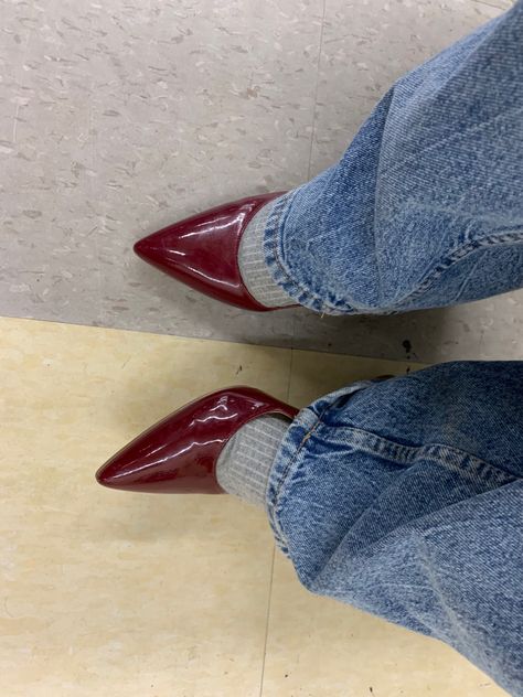 #heels #cherry #fashion #luxury #style #denim Maroon Heels Outfit, Maroon Shoes Outfit, Maroon High Heels, Cherry Fashion, Maroon Heels, Red Kitten Heels, Maroon Shoes, High Heels Outfit, Trendy Outfits Indian