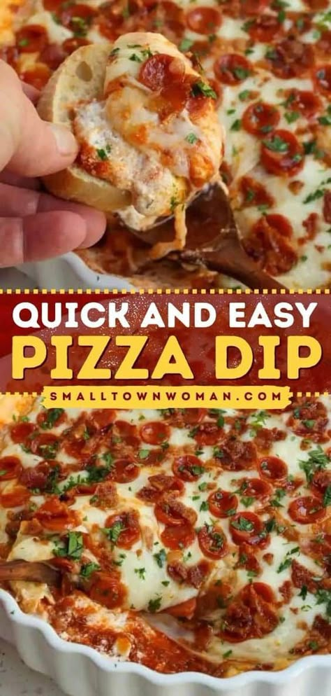 Whip up this hot pizza dip on Super Bowl Sunday! Made with pepperoni, bacon, and cheesy goodness, this game day recipe is always a hit. Check out what you can serve with this football appetizer! Easy Pizza Dip, Hot Pizza Dip, Pizza Dip Recipes, Pepperoni Pizza Dip, Hot Pizza, Dips Party, Small Town Woman, Football Appetizers, Cheese Mozzarella