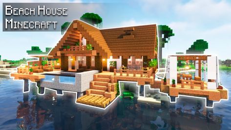 Beach House Ideas Minecraft, Minecraft Beach Hut Ideas, Minecraft Island House Ideas, Beachy Minecraft House, Minecraft Beach House Tutorial, Beach Minecraft Houses, Minecraft Summer House, Minecraft Seaside House, Minecraft Sea House