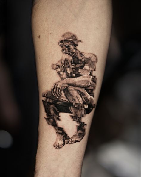 #smalltattoo #sculpture #glitch #tattoos Thinking Man Tattoo, Glitchy Tattoos, The Thinker Tattoo, Over Thinker Tattoo, Overthinker Tattoo Ideas, Glitch Tattoo Design, Thinker Tattoo, Thinking Man Statue, Glitch Tattoo