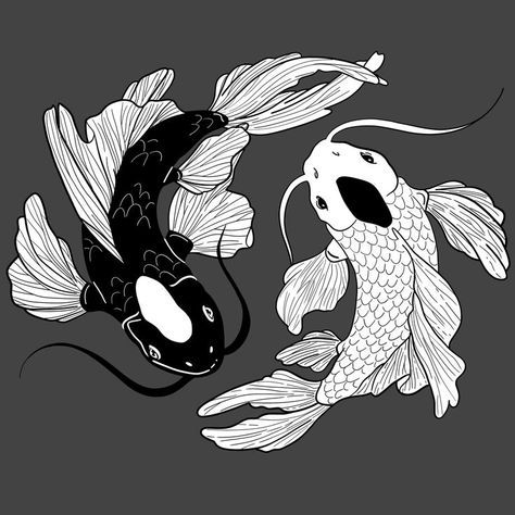 . Fish Art Black And White, Koi Fish Black And White, Black And White Koi Fish, White Koi Fish, Black And White Fish, Black Koi Fish, Ocean Diy, Koi Fish Drawing, Koi Art