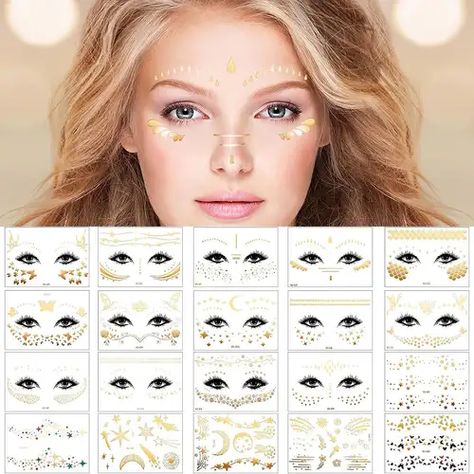 Temu | Explore the Latest Clothing, Beauty, Home, Jewelry & More Simple Henna Patterns, Metallic Temporary Tattoo, Girl Halloween Makeup, Tattooed Freckles, Sticker Face, Sparkle Makeup, Gold Makeup Looks, Metallic Tattoo Temporary, Party Eyes