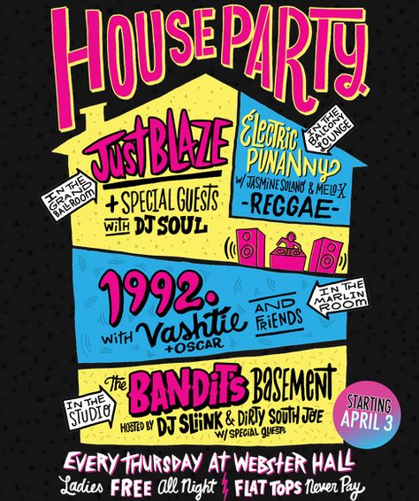 House party invite "idea" Bounce House Party Invitations, 90s Hip Hop Party, House Party Invitation, 90s House, Party Design Ideas, Throwback Party, House Party Decorations, 80s Theme Party, Hip Hop Party