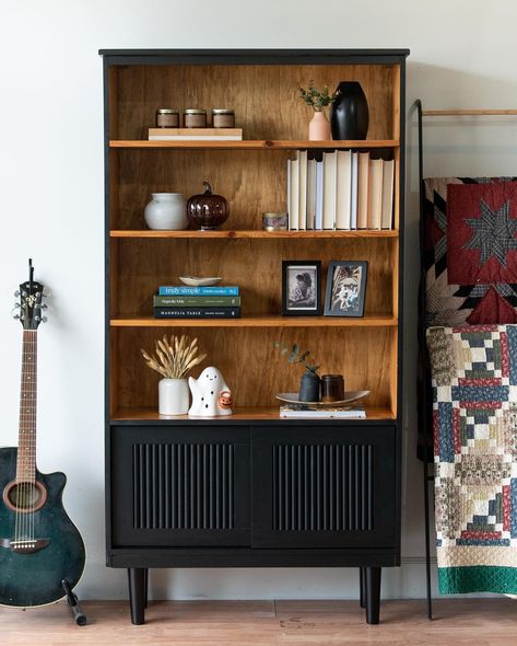 Before ➡️ After (but in the other order… but nobody is stopping their scroll for an ugly old bookshelf) . . . . #bookshelf… | Instagram Furniture Flip Bookshelf, Dark Bookshelf Styling, Diy Library Wall, Dark Bookshelves, Old Bookshelf, Bookshelf Makeover, Old Bookshelves, Shelf Cover, Library Wall