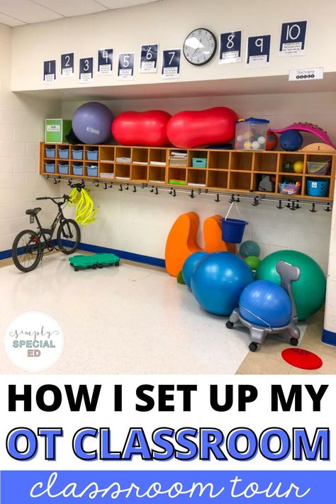 Are you an occupational therapist wondering how to set up your occupational therapy classroom? Today, I am sharing my top tips for occupational therapy classroom setup. I walk you through the sensory equipment I have, the small group table I use, how I organize my classroom and more. Find my top occupational therapy classroom ideas now! School Therapy Room, Physical Therapy Gym Organization, Pediatric Occupational Therapy Organization, School Occupational Therapy Room Decor, School Based Occupational Therapy Room, Back To School Occupational Therapy, Occupational Therapy Office Decor, Occupational Therapy Clinic Design, Occupational Therapy Room Design