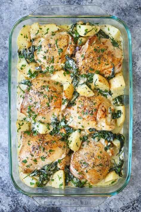 Garlic Parmesan Cream Sauce, Harvest Meals, Parmesan Cream Sauce, Night Recipes, Chicken And Potatoes, Baked Chicken Tenders, Chicken And Spinach, Chicken Potatoes, Garlic Parmesan