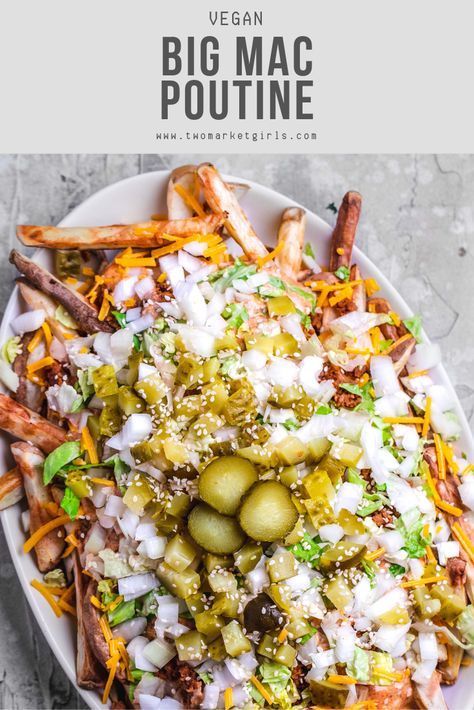 Crispy fries topped with all the fixins of a McDonald's Big Mac, vegan cheese and of course a delicious miso gravy.  #veganrecipes #veganpoutine #poutine #veganbigmac #bigmac #burgerpoutine Vegan Canadian Recipes, Healthy Poutine Recipes, Fries Toppings Ideas, Poutine Recipe Vegetarian, Veggie Poutine, Poutine Gravy Recipe, Poutine Bar, Poutine Recipes, Miso Gravy