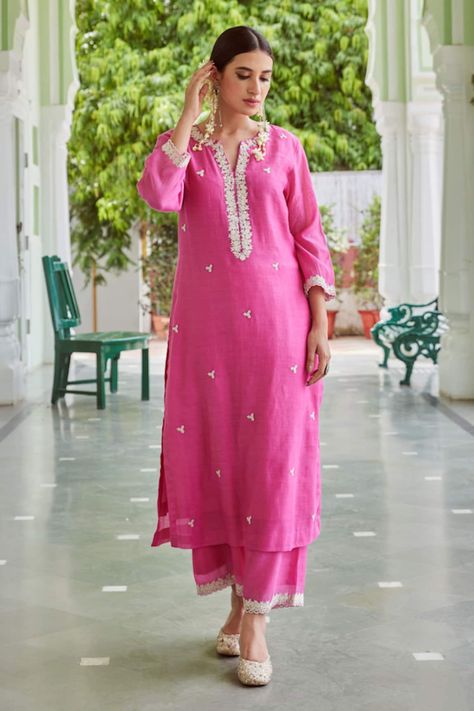 Buy Fuchsia Cotton Chanderi Embroidered Floral Notched Kurta And Palazzo Set For Women by Charu Makkar Online at Aza Fashions. डिजाइनर कपड़े, Kurtis Design, Kurta And Palazzo, Simple Kurta Designs, Long Kurti Designs, Salwar Kamiz, Beautiful Pakistani Dresses, Palazzo Set, Kurti Designs Party Wear