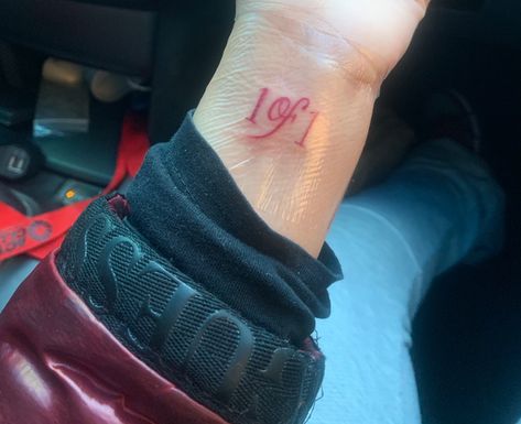 One Of One Tattoo Red Ink, Red Tattoo On Wrist, All Red Sleeve Tattoo, Red Ink Wrist Tattoo, Red Wrist Tattoo For Women, Simple Red Tattoos For Women, Neck Tattoo Red Ink, 1of1 Tattoo Red Ink, 1 Of 1 Tattoo Red Ink