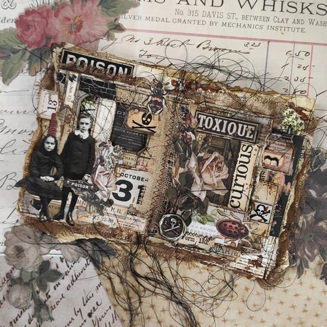 Halloween Art Journal Pages, Mixed Media Halloween, Tim Holtz Ideaology Projects, Junk Journal Halloween, Halloween Journal Pages, Halloween Junk Journal Ideas, Halloween Journal Ideas, Halloween Art Journal, Vintage Journal Ideas