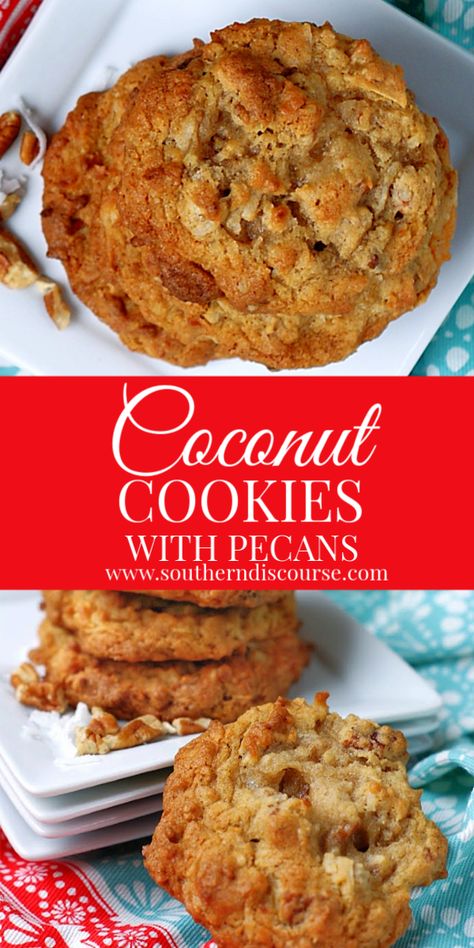 Easy & deliciously chewy coconut cookies are loaded with shredded coconut, chopped pecans, a hint of cinnamon and tons of yum! #coconutrecipes #easycookierecipes #pecanrecipes Cookies With Pecans And Coconut, Pecan And Coconut Cookies, Coconut Pecan Cookies Recipes, Chewy Coconut Cookies Recipes, No Bake Coconut Pecan Cookies, Chewy Coconut Pecan Cookies, Ranch Cookies Recipe, Cinnamon Pecan Cookies, Easy Pecan Cookies Recipes