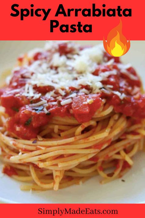 Spaghetti with spicy arrabiata sauce and parmesan cheese on plate. Pasta Arrabiata Recipe, Spaghetti Arrabiata, Arrabiata Pasta, Seafood Marinara, Pasta Arrabiata, Spicy Pasta Recipes, Arrabiata Sauce, Pink Sauce Pasta, Spicy Spaghetti