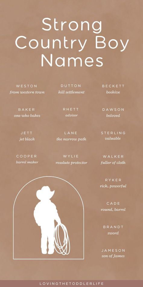 Searching for unique baby names? These cute baby names are totally trendy, yet still classic, and so many of them are still *super* undiscovered! Explore our entire baby names list of cowboy baby names - I bet you'll be surprised! Cowboy Names For Boys, Cowboy Baby Names, Country Baby Boy Names, Nature Girl Names, Bohemian Baby Names, Baby Names List, Western Baby Names, Short Boy Names, Country Boy Names