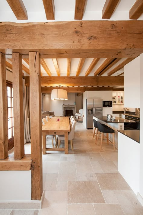 Normandy House Interior Design, Normandy House, Timber Frame House, Woodworking Shop Layout, Country House Interior, Cottage Inspiration, Cottage Interiors, French Country House, Wood Beams