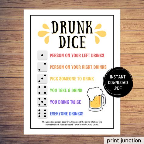 Drunk Dice Drinking Game, Virtual Party Games, Left Right Drink Party Game, Drunk Dice Game, Adult Party Games, Instant Download, Drunk Game Drunk Dice Game, Virtual Party Games, Easy Drinking Games, Beer Olympics Games, 1st Birthday Games, 1st Birthday Party Games, Drunk Games, Alcohol Games, White Trash Party