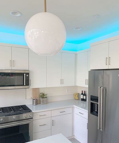 Lights Above Kitchen Cabinets, Installing Led Strip Lights, Above Kitchen Cabinets, Above Cabinets, Colored Lights, Ways To Wake Up, Deco Bathroom, All White Kitchen, Led Strip Lights