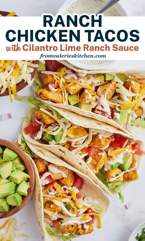 These easy Ranch Chicken Tacos are drizzled with a delicious cilantro lime ranch taco sauce and loaded with toppings. These fun, flavorful tacos are made on the stove in about 30 minutes! Southwest Ranch Chicken Tacos, Chicken Taco Dinner Ideas, Chicken Tacos Sauce, Chicken Bacon Ranch Tacos, Chicken Taco Sauce Recipe, Cool Ranch Chicken Tacos, Chicken Ranch Taco, Chicken Taco Sauce, Chicken Tender Tacos