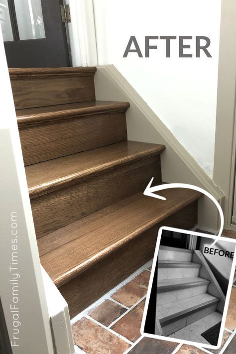 There's a simple way to make your old carpet, vinyl or plywood stairs look beautiful. And on a budget!  With this DIY tutorial we show you how to install hardwood stair treads. We also share the cost to install stair treads and risers - it's cheaper than you think.  Attaching stair treads can be a simple project - we show you how here.#stairs #stairsmakeover #treads Faux Wood Stair Treads, Old Stairs Makeover, Diy Staircase Railing, Staining Stairs, Hardwood Stair Treads, Diy Stairs Makeover, Stairs Treads And Risers, Stairs Makeover Ideas, Diy Staircase Makeover