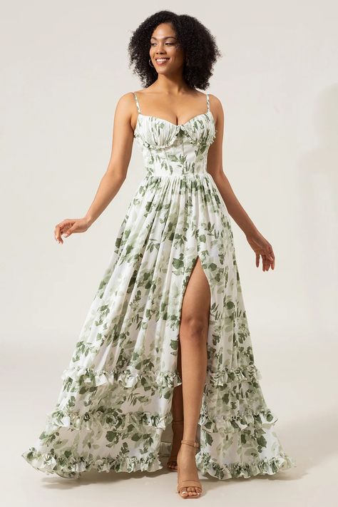 Green Garden Party Dress, Green Pattern Bridesmaid Dresses, Mixed Floral Bridesmaid Dresses, Green Floral Bridesmaid Dresses, Dino Wedding, Year 10 Formal Dresses, Long Green Bridesmaid Dresses, Green Prom Dress Long, Event Fits