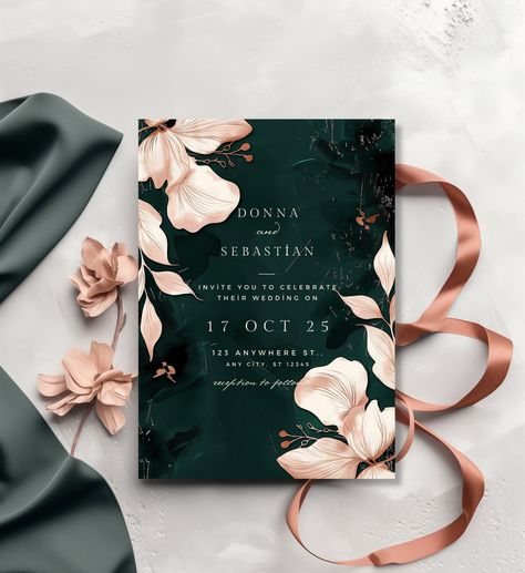 This invitation is perfect for couples seeking a sophisticated and elegant design for their special day. The luxurious blend of emerald green and rose gold, coupled with delicate floral accents, creates a timeless and romantic ambiance. TRY BEFORE YOU PURCHASE Copy the link and paste it into your browser.   DEMO Link: https://www.canva.com/design/DAGL73qp2RA/r-arOUdjQ6EBxmMZL41ljQ/view?utm_content=DAGL73qp2RA&utm_campaign=designshare&utm_medium=link&utm_source=publishsharelink&mode=preview This Rose Gold Green Wedding, Rose Gold And Green Wedding, Black And Forest Green Wedding Invitations, Dark Green Wedding Invitations Elegant, Wedding Invitations Hunter Green, Emerald Green And Rose Gold Wedding Invitation, Black And Dark Green Wedding Invitations, Dark Green Wedding, Rose Gold Wedding Invitations