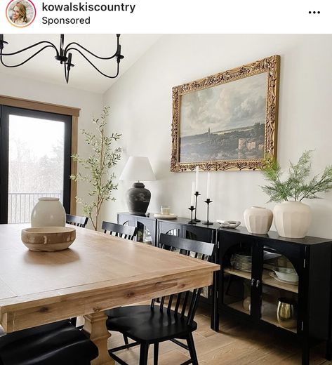 Dining Room With Sideboard, Buffet Cabinet Decor, Dining Room Buffet Styling, Black Buffet Table, Sideboard Decor Dining Room, Dining Room Buffet Decor, Sideboard Ideas, Light Wood Dining Table, Beige Dining Chair