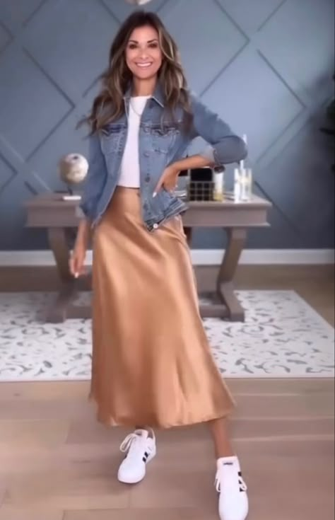 Peach Satin Skirt Outfit, Champagne Satin Midi Skirt, Rose Gold Satin Skirt Outfit, Rust Silk Skirt Outfit, Green Satin Maxi Skirt Outfit, Rust Satin Skirt Outfit, Tan Silk Skirt Outfit, Gold Slip Skirt Outfit, Styling A Silk Skirt