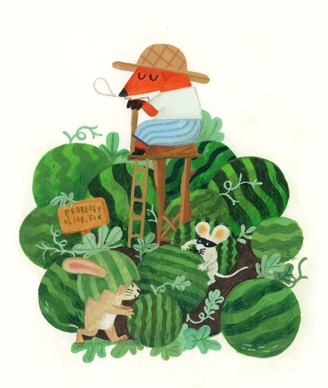 Heegyum Kim Illustration Illustration Vignette, Harvest Illustration, Watermelon Garden, Japanese Monkey, Watermelon Illustration, Book Illustration Layout, Spot Illustration, The Thieves, Summer Harvest